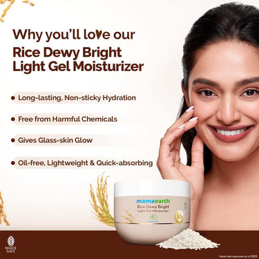 Mamaearth Rice Dewy Bright Light Gel Moisturizer with Rice Water& Niacinamide For Glass-skin Glow 200g| Long-lasting, Nonsticky Hydration |Oil-free, Lightweight & Quick-absorbing |No Harmful Chemicals